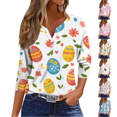 Women's T Shirt Tee Print Button 3/4 Sleeve Daily Weekend Fashion Basic V Neck Regular Top