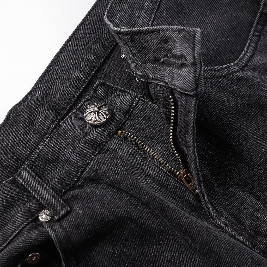CHROME HEARTS Herren Schwarze Denim Shorts mit Weißen Kreuz-Aufnähern Baggy Streetwear Jorts
