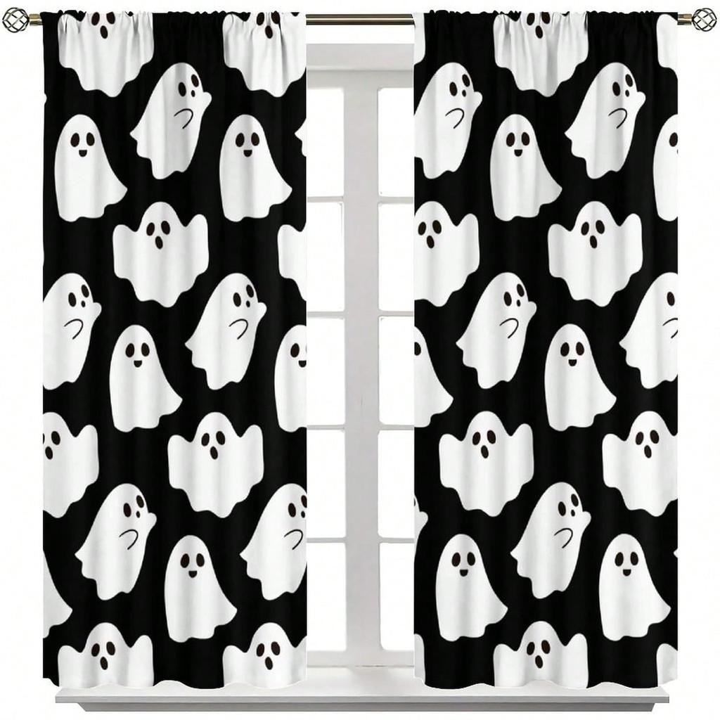 Halloween Ghost Curtains Spooky Cute Funny Cartoon Ghosts Icons Black White Curtain Bedroom Living Room With Rod Pocket Polyester Ideal For Sitting