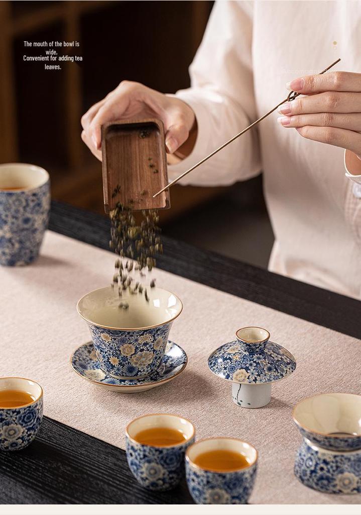 Jun Ware Blue & White Thousand Flowers Lidded Teacup - High-Grade Gongfu Ceramic Tea Set for Home