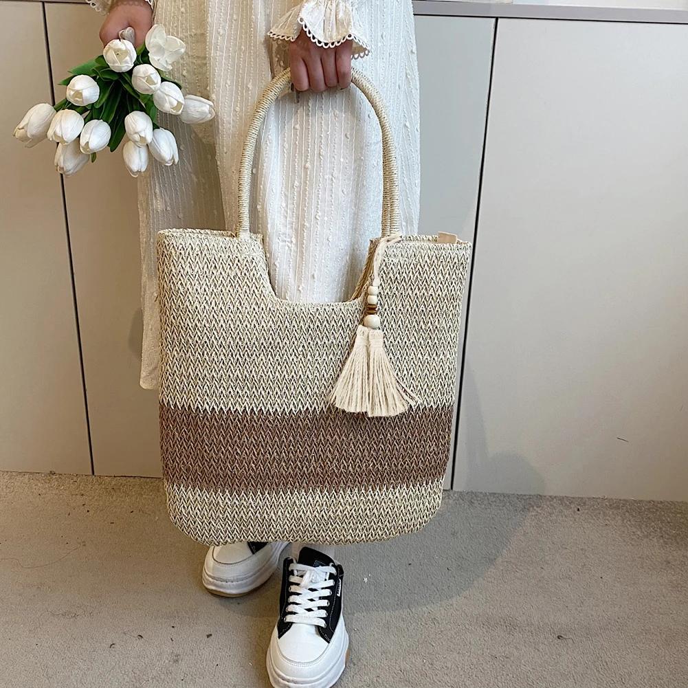 2025 Summer Straw Woven Bag with Tassels Weave  Beach Bag for Women Large Capacity Fashion Shoulder Bag Ladies Boho Knitting Bag