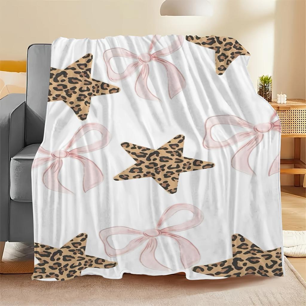 Leopard Print Star Flannel Blanket - Bed, Sofa, Office, Travel, Gift, Decor, Chair, Cozy and Warm, Christmas