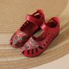 Summer new leather hollow sandals women's flower embroidery flat bottom soft sole mother shoes Velcro shallow mouth