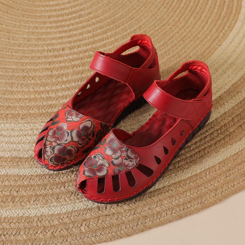 Summer new leather hollow sandals women's flower embroidery flat bottom soft sole mother shoes Velcro shallow mouth