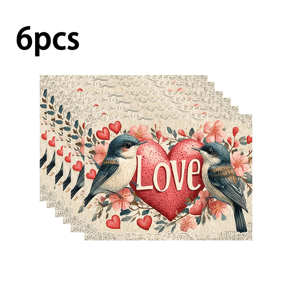 1pc/4pcs/6pcs Valentine's Day Heart Bird Placemats Suitable for Dining Table Decorations, Machine-Washable Rectangular