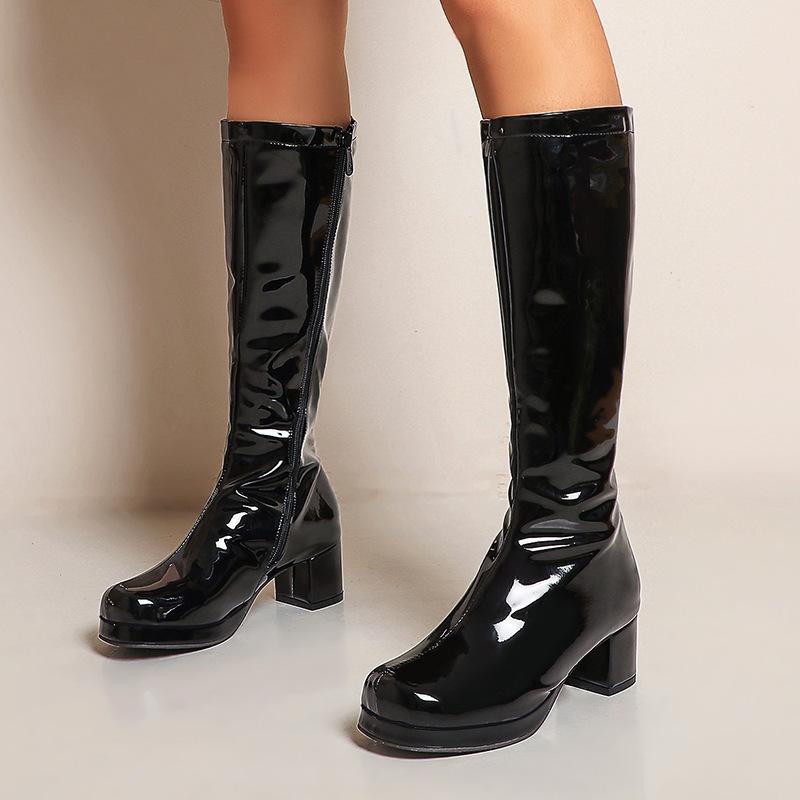 New  Head Patent Leather Boots High Martin Boots Knight Boots Water Platform Thick Middle Heel  Shoes Large Size