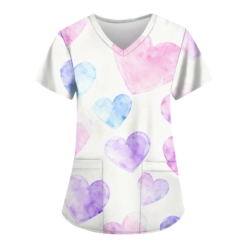 Women's Fashion Printed Short Sleeve V Neck Pattern Tops Pocket Working T-shirts