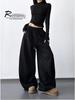 Women's Stylish Black Velvet Wide-Leg Sports Pants - New 2025 Winter Fashion, High Street Casual Style