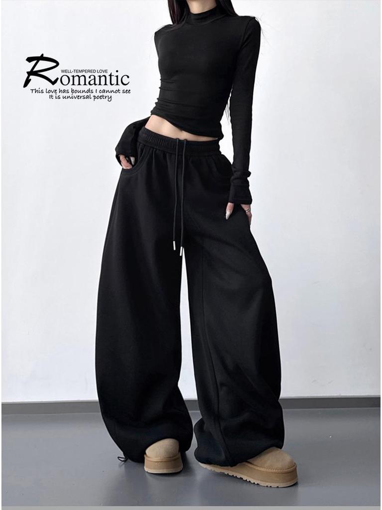 Women's Stylish Black Velvet Wide-Leg Sports Pants - New 2025 Winter Fashion, High Street Casual Style