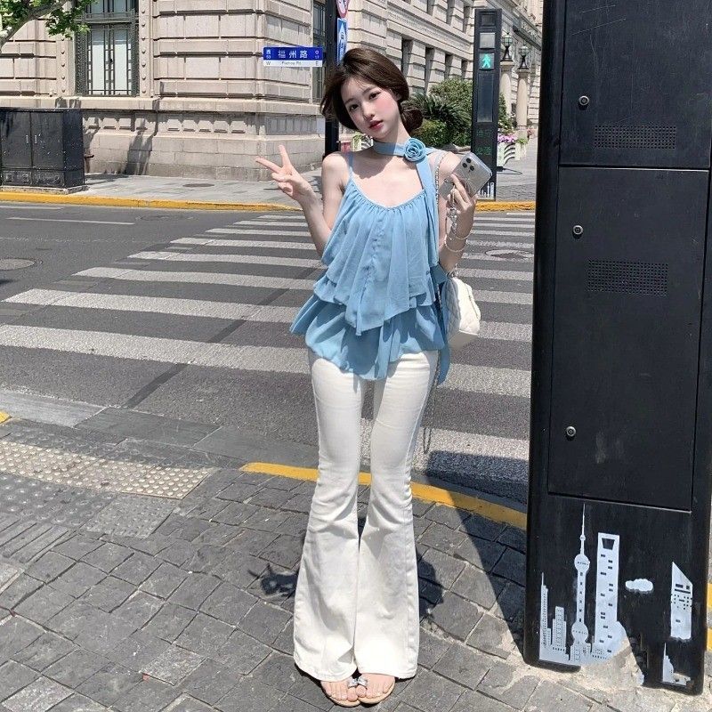 Women's Baby Blue Chiffon Halter Mini Dress Tie Neck Ruffle Layered Sleeveless Flowy Casual Summer Dress