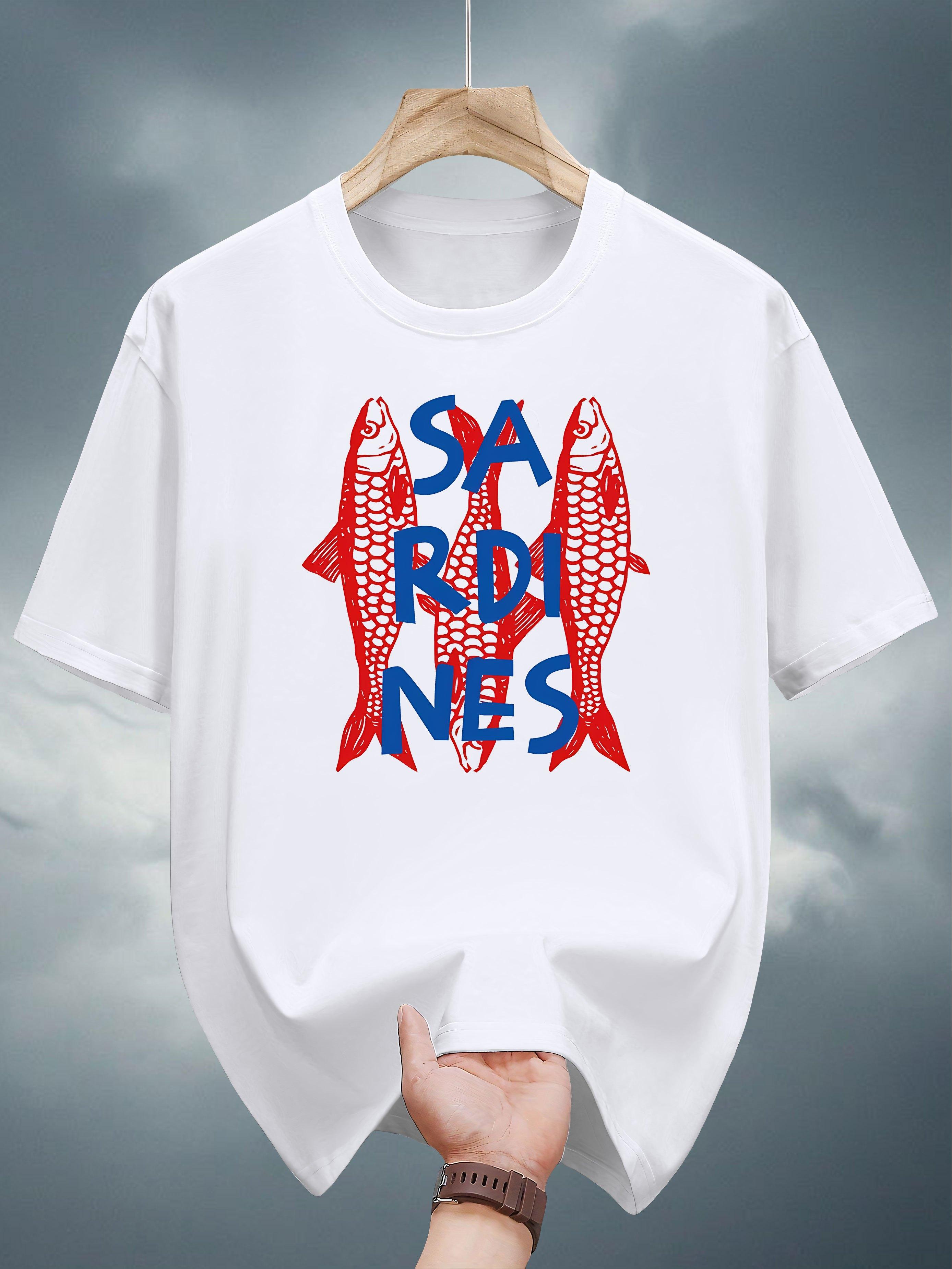 T-shirt with Vibrant Fish & SARDINE Graphic Print - Black Casual Summer Tee L