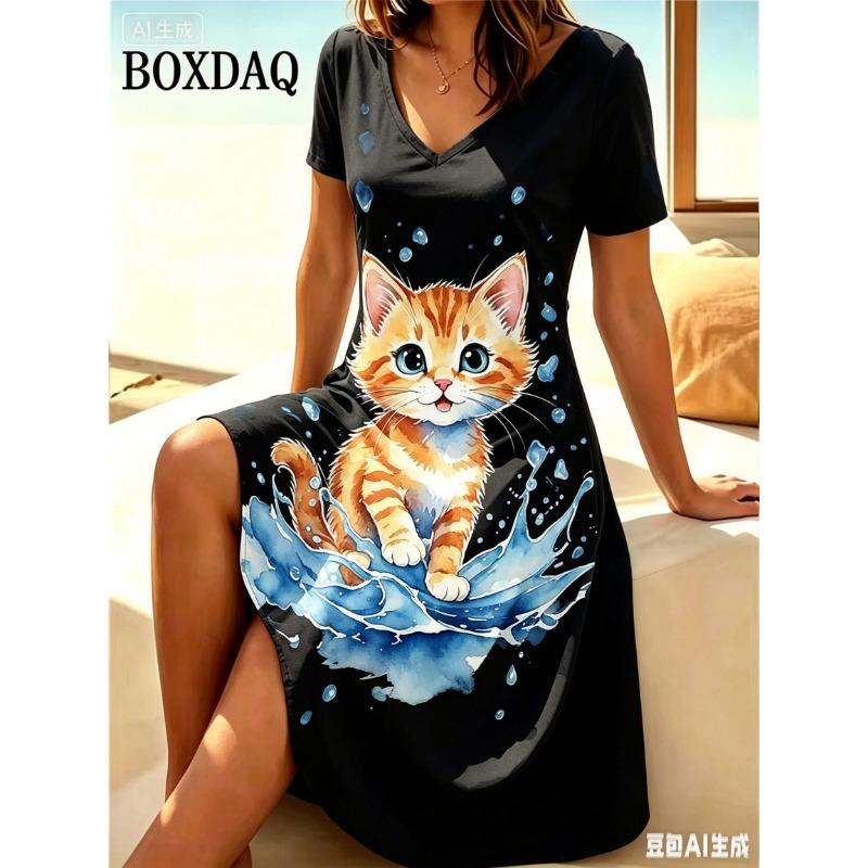 Women 3D Cats Print Dress Fashion 2026 Funny Kawaii V-Neck Home Dress Female Clothing Plus Size Summer Casual Short Sleeve Dress