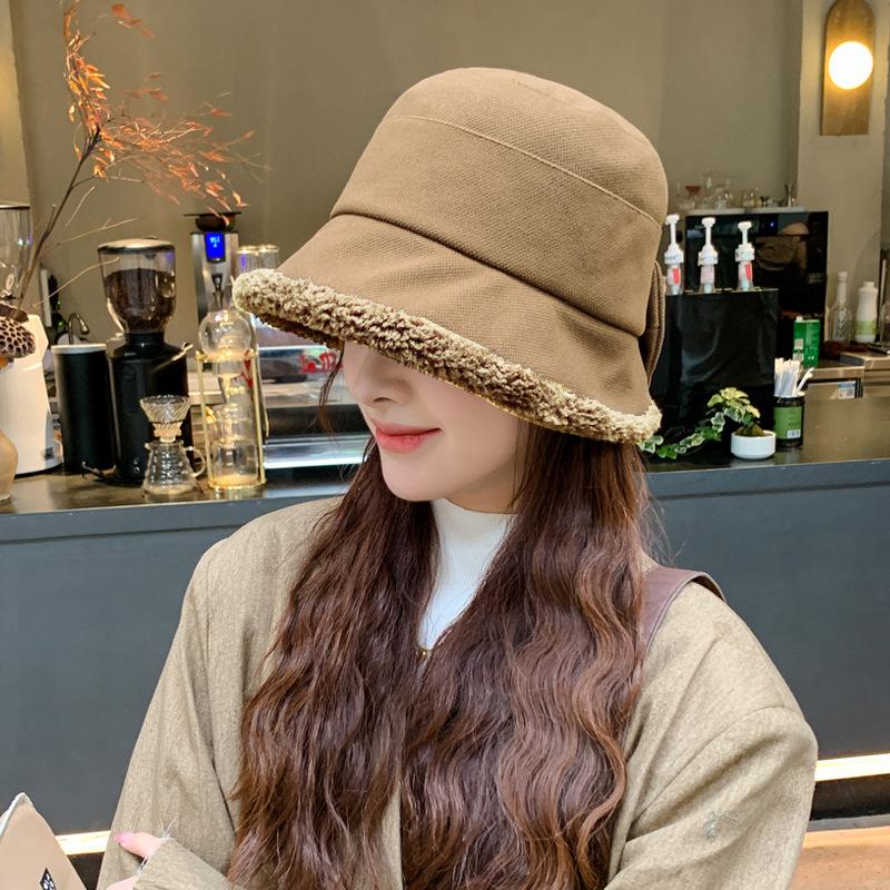 Hat female bow imitation lamb wool bucket hat autumn and winter thickened plush warm casual versatile basin hat tide