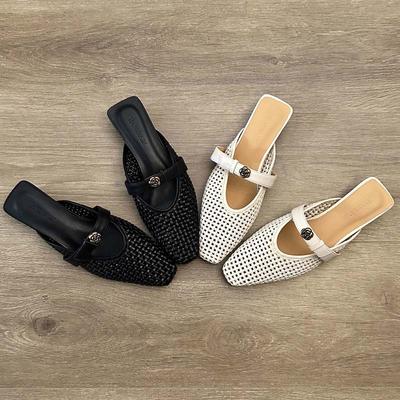 Fashion Hollow Woven Small Square Toe Flat Mules Shoes for Women Summer Slip On Casual and Breathable Roman Style Outdoor Half Slippers