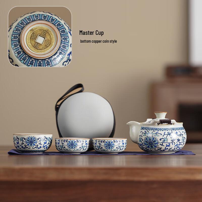 Ru Kiln Ceramic Travel Tea Set Copper Coin Style