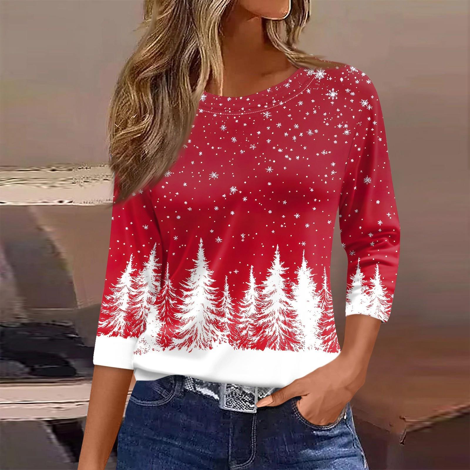 

Женская футболка с рождественским принтом, рукав 3/4, повседневная, модная, на выходные, базовая, с круглым вырезом, стандартный топ M красный