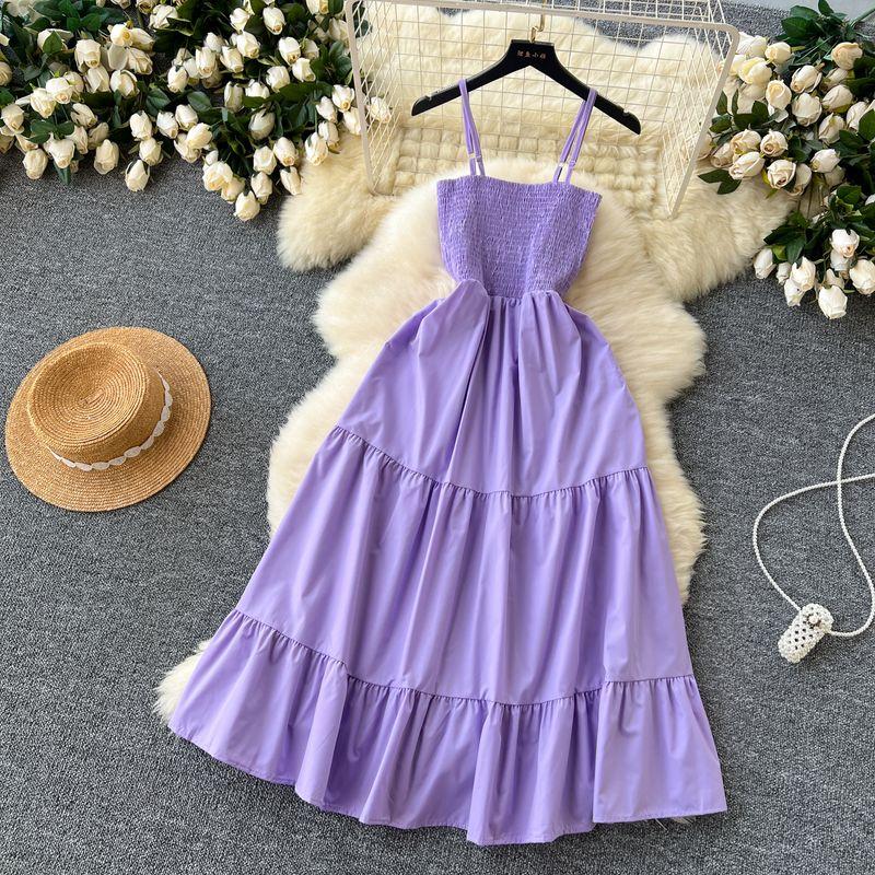 Sling Dress Women's 2024 Summer Dress New Arrival Elastic Tight Waist Slim Looking Sleeveless Tube Top Ruffles Long Dress