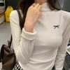 Autumn and Winter New Style Bow Embroidered Half-high Collar Plus Velvet Long-sleeved Women's Pleated Pinch Waist Slimming Inner Layering Shirt Top
