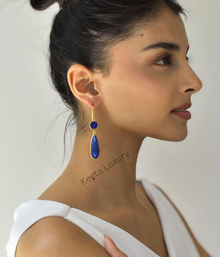 Natural Lapis Lazuli Dangler, 14K Gold Vermeil Handmade Jewelry, Blue Gemstone Bohemian Earrings for Women, Unique Wedding Bridal Gift Ideas