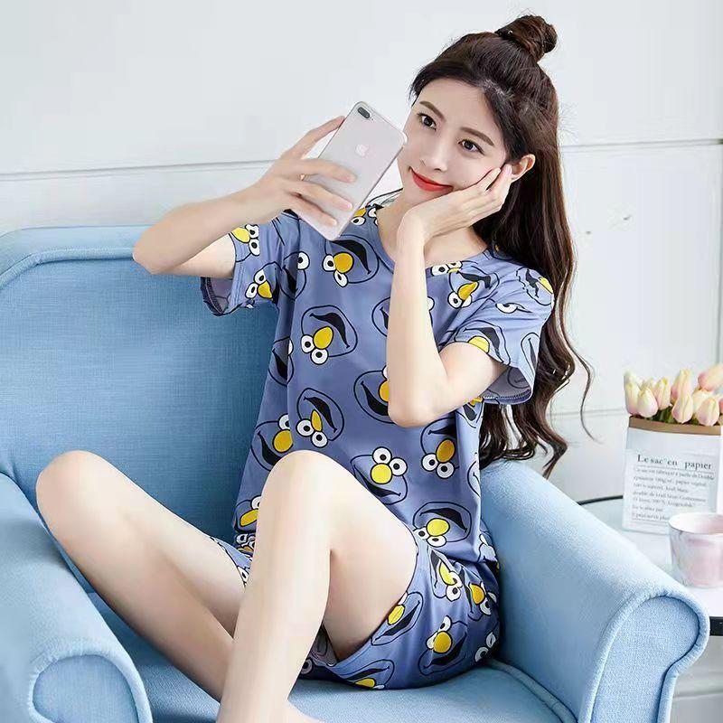 Letni zestaw piżam damskich: Okrągły dekolt, Krótki rękaw, Nadruk z kreskówką, Odmładzająca odzież domowa