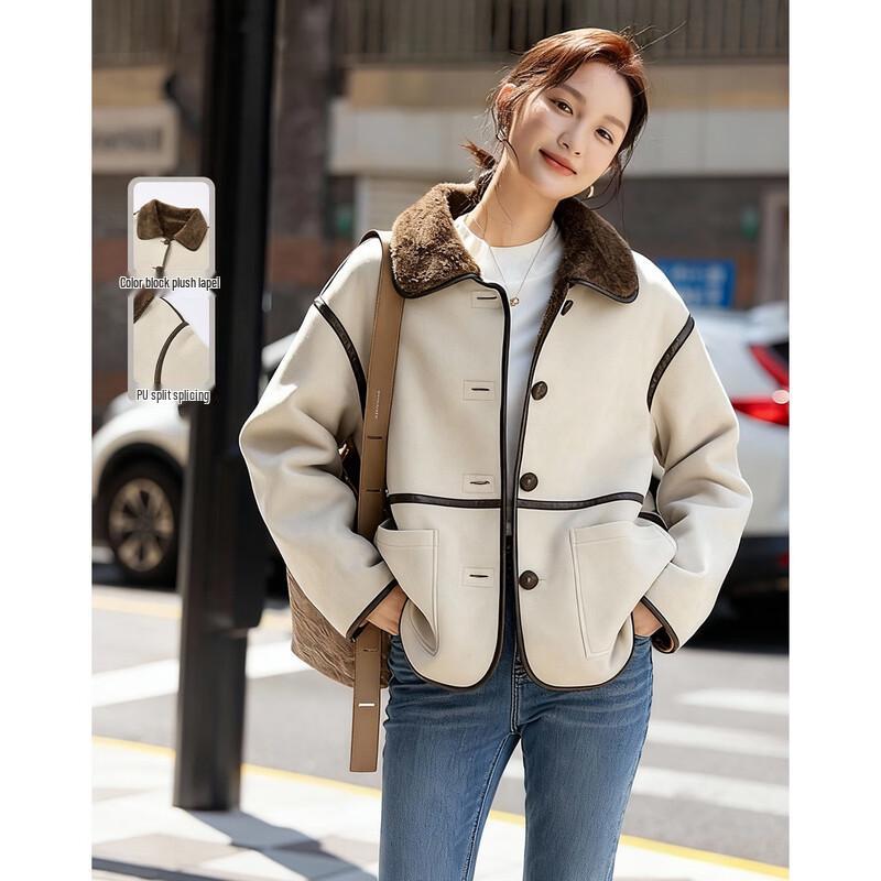 Demana Winter Plush Lapel Color-block Warm Coat S