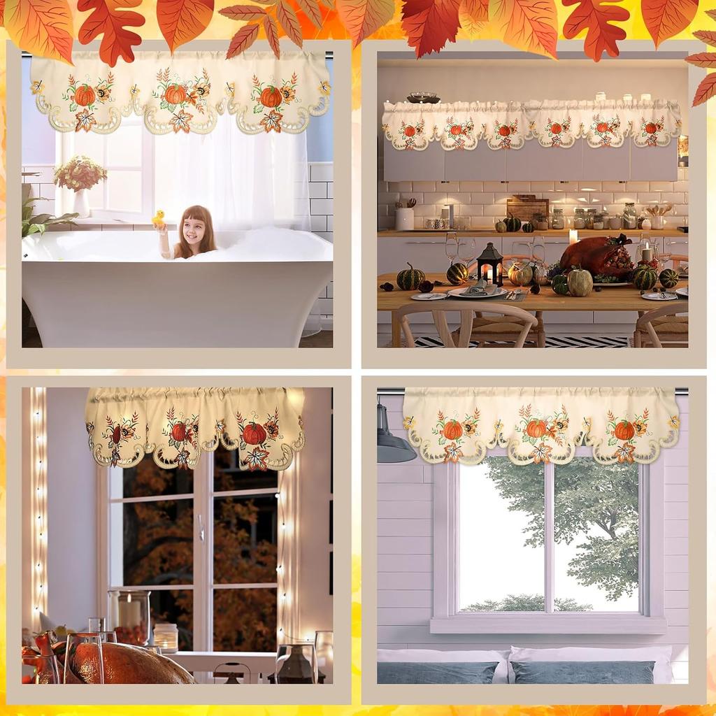 Fall Kitchen Thanksgiving Curta Valances 58 x 15 Inch Autumn Window Treatment Valance Embroidered Pumpk Maple for Living Room Bedroom Bathroom Decor