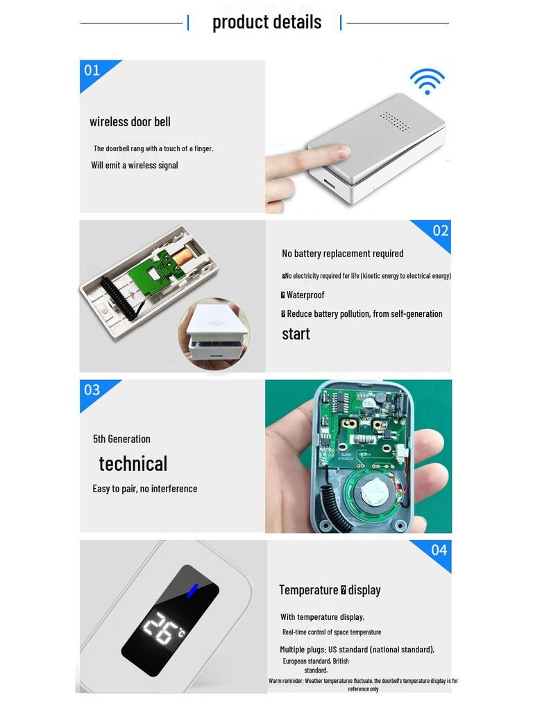 Self-Powered Waterproof Doorbell with Adhesive Backing - No Installation Required, Easy to Use.