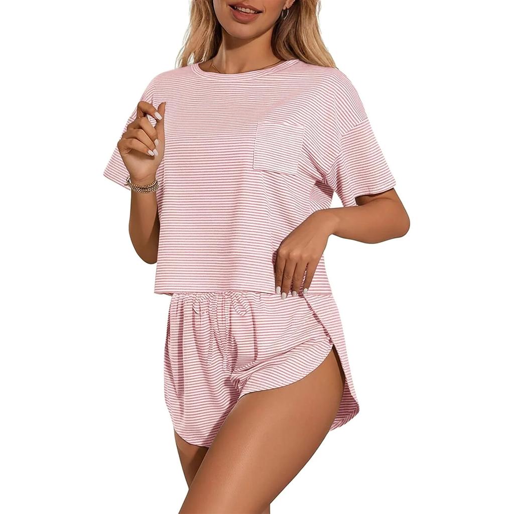 Women's Pajama Set Short Sleeve Striped Printed Two-piece Loungewear  Neck Pajamas Split Shorts Set Soft Sleepwear
