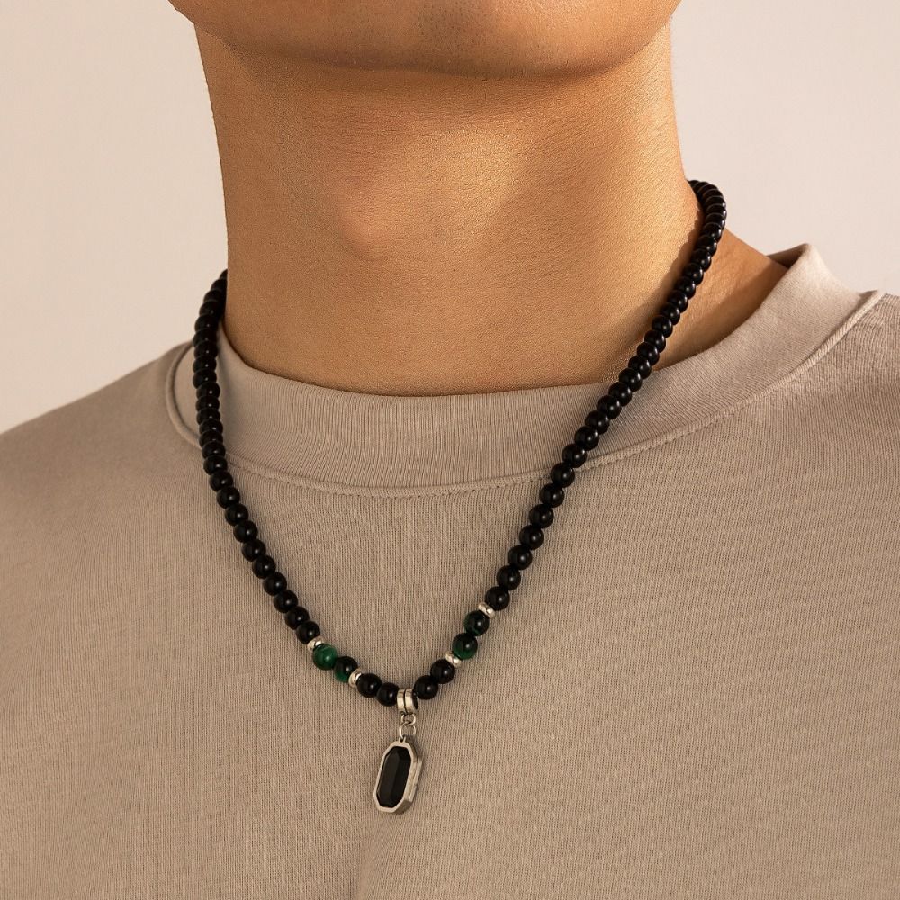 Ethnic Style Black Crystal Necklace Hand Rope Acrylic Beaded Necklace Men Retro Necklace Girls