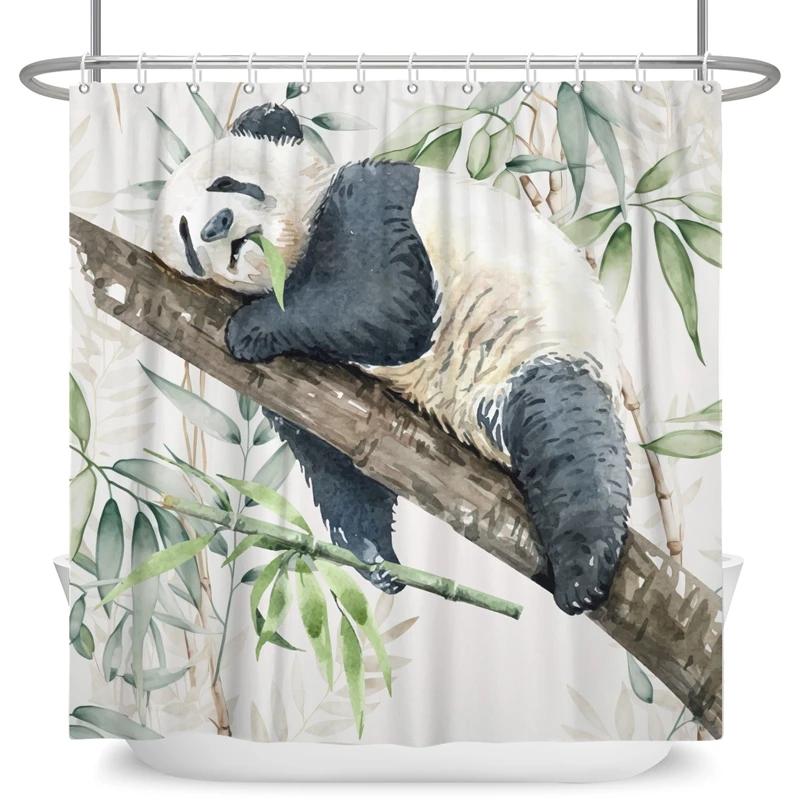 Funny Panda Shower Curtain Cute Pattern Waterproof Polyester Shower Curtain Baby Room Decor Bathtub Curtain Textured With Hooks