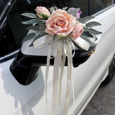 Creative Romantic Wedding Car Floral Ribbon Bridal Car Door Handle Mirror Flowers Artificial Roses Ceremony Party Decor