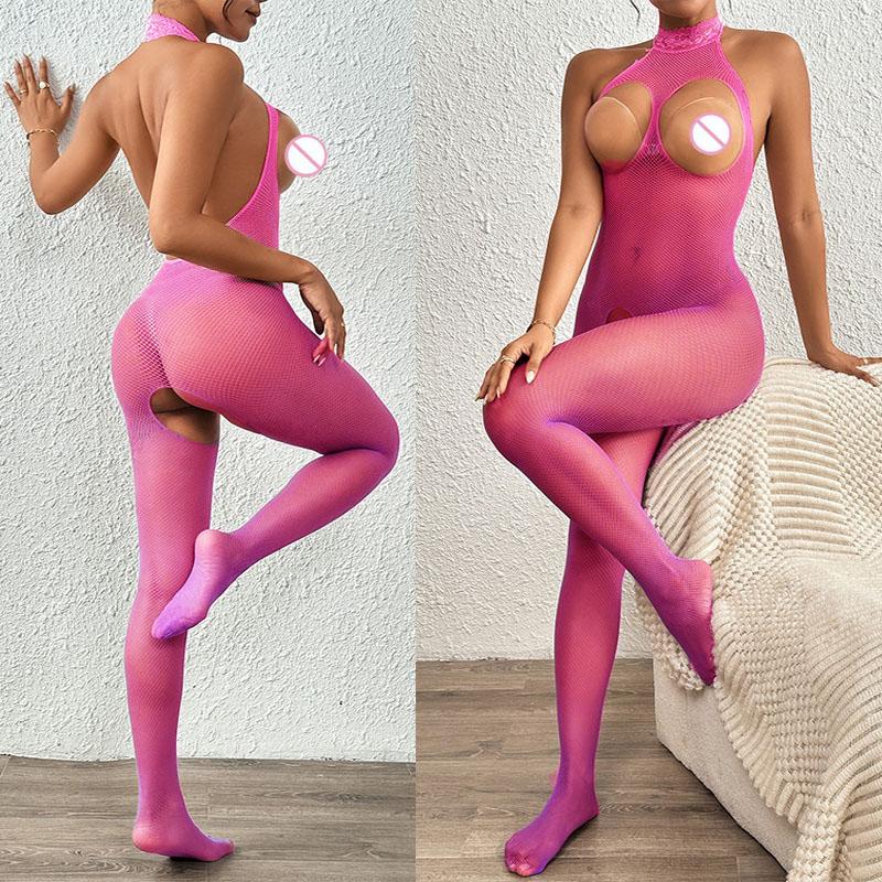 Hot Sexy Open Crotch Fishnet Bodysuit Women Sexy Lingerie Breasts-Bare Bodystockings Erotic Bodycon Porn Lace Underwear Sex Set