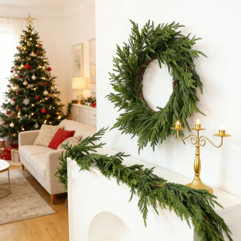 Artificial Pine Needle Garland Christmas Door Wreath Wall Hanging Decorative Vine Home Holiday Festive Decoration