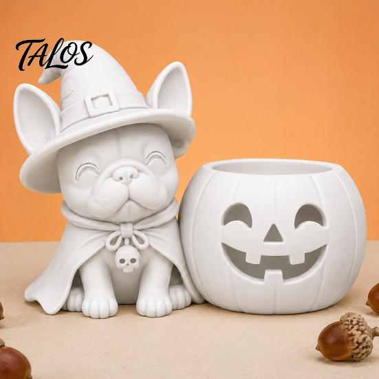 Cute Dog Halloween Gift French Bulldog Witch Statue, 3D Printed Pumpkin Candle Holder, Festive Home Decorations Figurine Tabletop Decor for