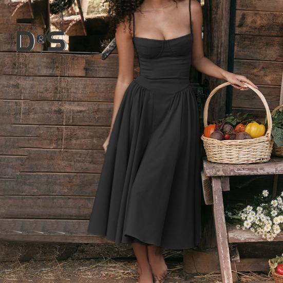 Damklänning Lågskuren spaghettirem Rygglös Ärmlös A-linje Big Swing Ren färg Smal midja Plisserad Cocktailparty Bal midiklänning