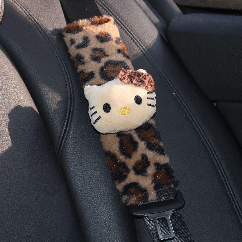 Car Seatbelt Shoulder Pad Hello Kitty Melard Leopard Print Plush Car Seatbelt Decoration for Women Light Brown Kitty Shoulder Pads