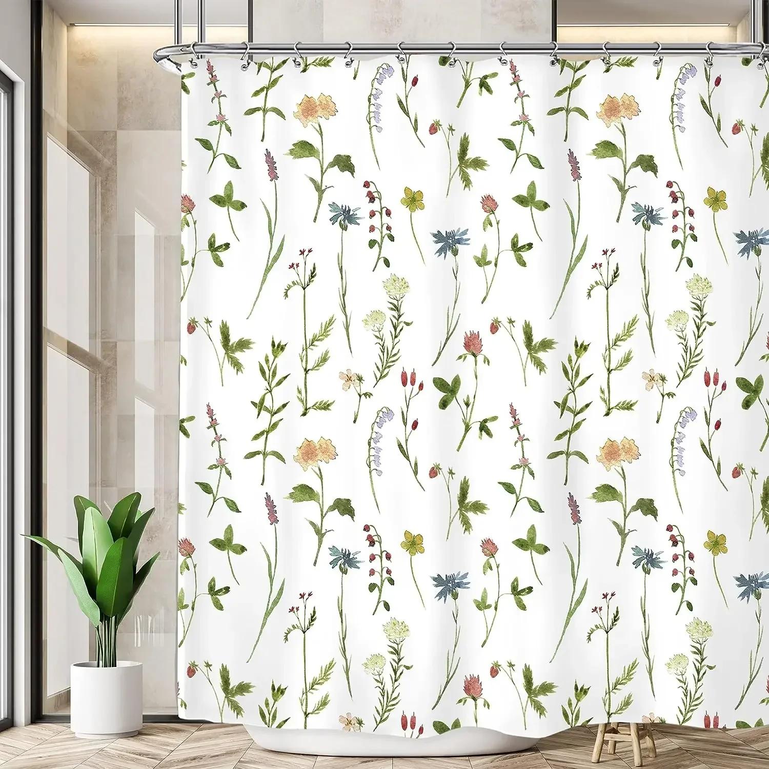 

Yellow and Grey Floral Shower Curtain Watercolor Flower Shower Curtain for Bathroom Modern Minimalist White Fabric Bathroom Deco W90xH180cm
