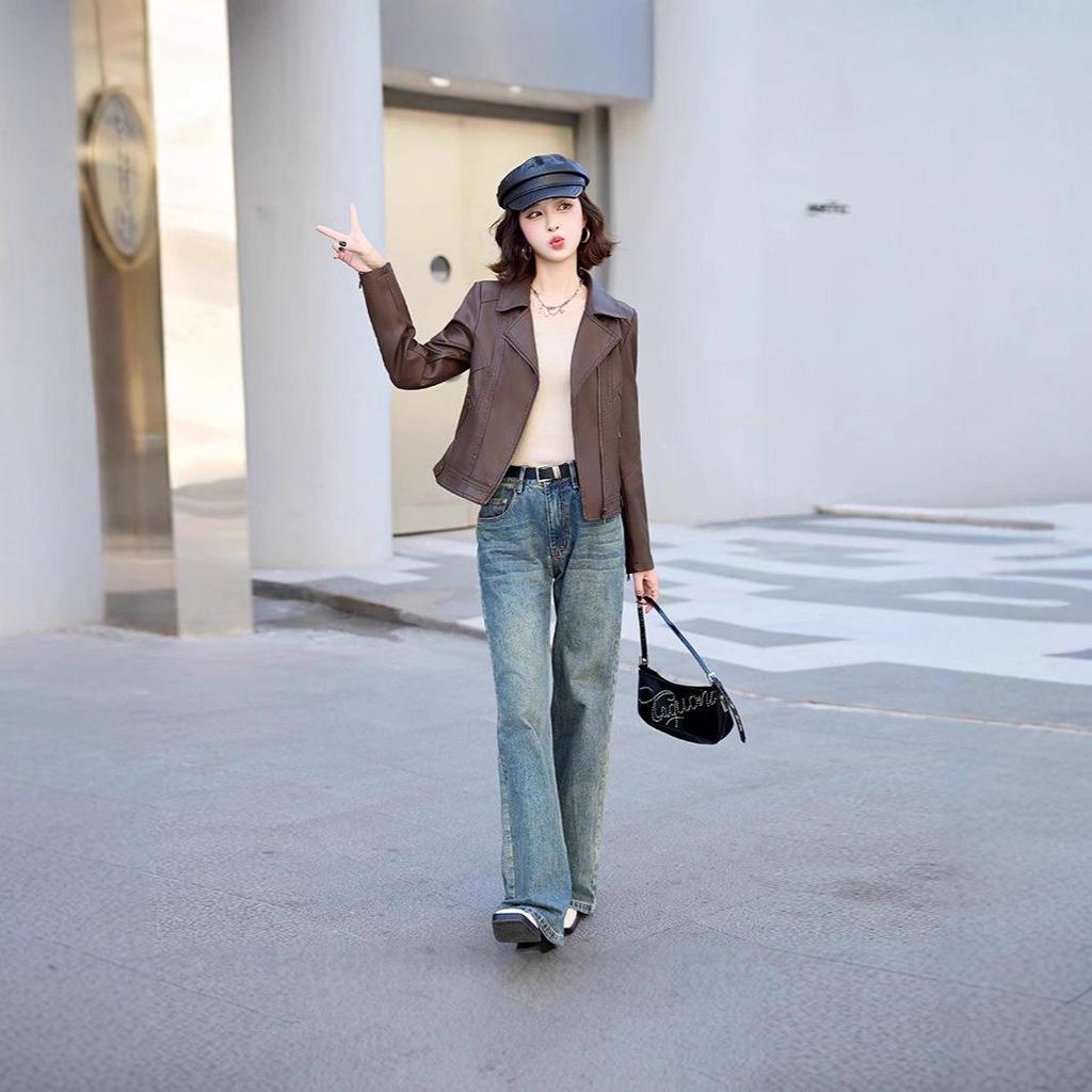 Women's Trendy Loose-Fit Sheepskin Leather Jacket - Hong Kong & Korean Style, Short & Casual, Small Size.