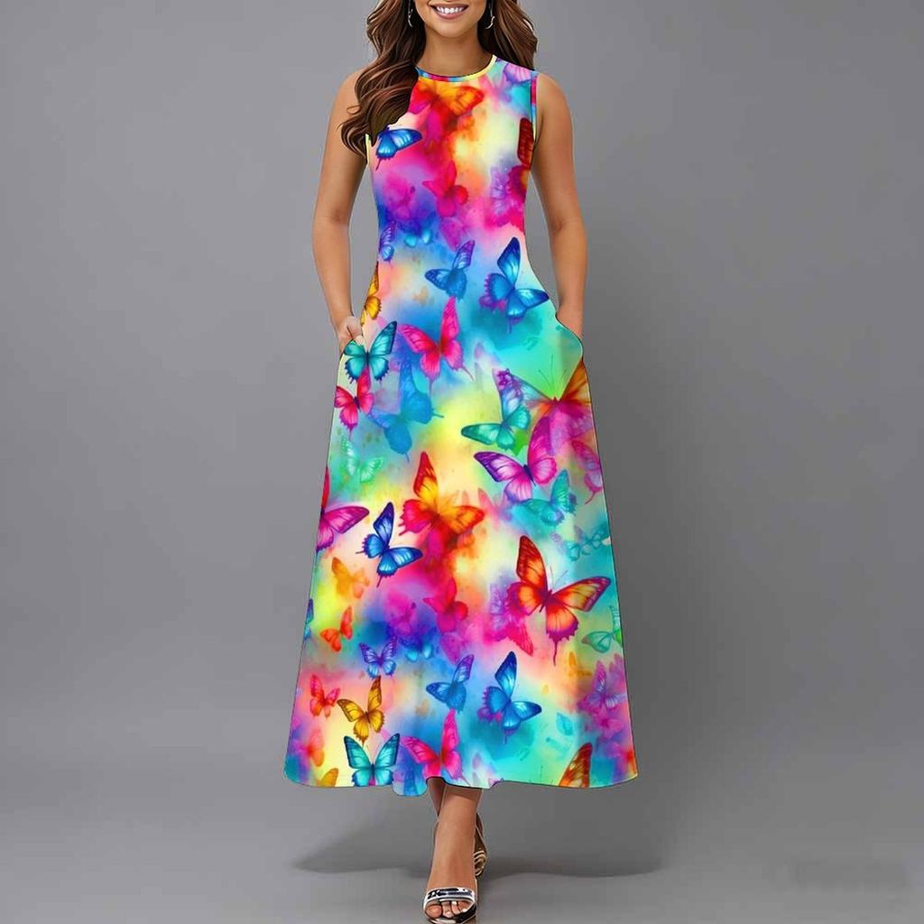 Ladies Oversized Sleeveless Crew Neck Dress Delicate Clustered Wild Flowers Loose Mid Length Dress