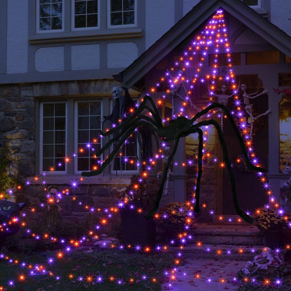 8 Modes Halloween Spider Web Lights Waterproof LED Spider Net Scary Giant Spider  Haunted House