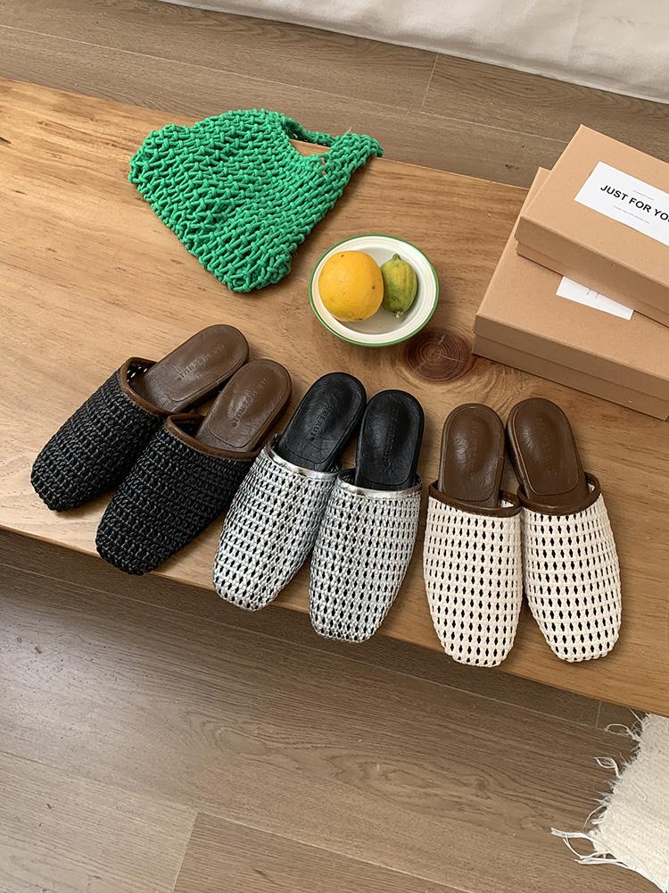 Fashion Summer Weave Mesh Hollow Sandals Women Flats Shallow 2025 New Beach Shoes Comfort Retro Female Slippers Designer Sandals Mules