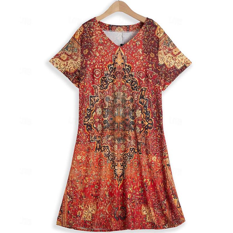 Summer Fashion Women's V Neck Short Sleeve Retro Printed  Dress Sex Short Skirt Dresses