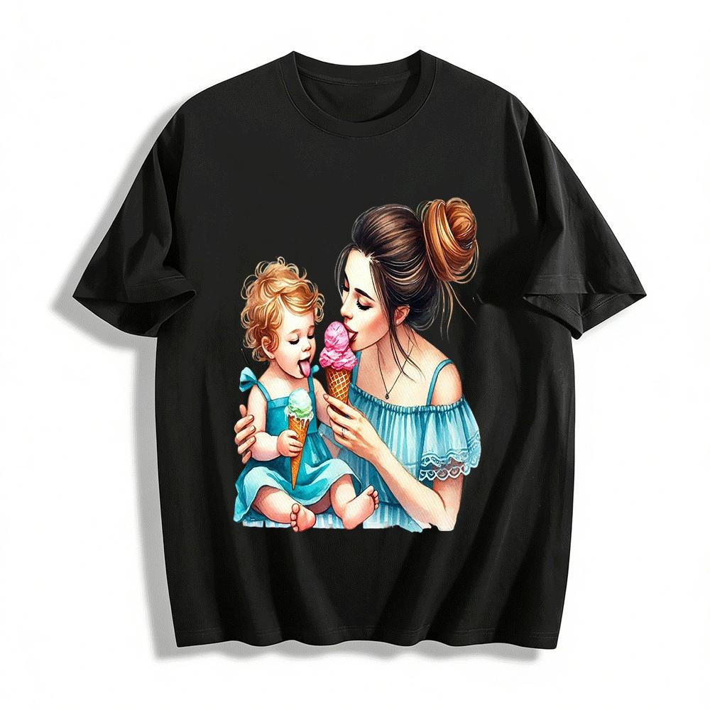 Mom And Daughter Ice Cream Print Summer Casual Sundress Vacation Wear Pure cotton T-shirt XXS