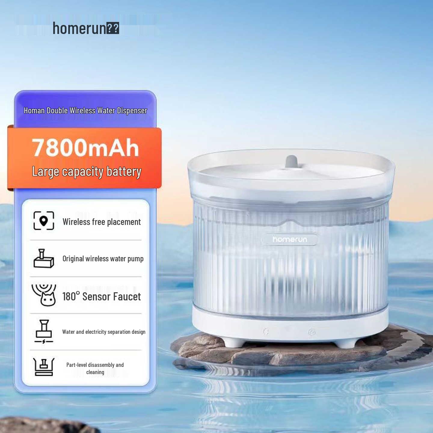 Huoman Wireless Cat Water Fountain: Automatic, Plug-Free, Induction Flow Dispenser Standard