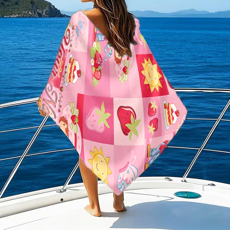 1pc Princess Strawberry Beach Towel with Custom Name, Beach and Seaside Swimming Pool Equipment, Fashion Pattern, Rectangular, Travel Essential