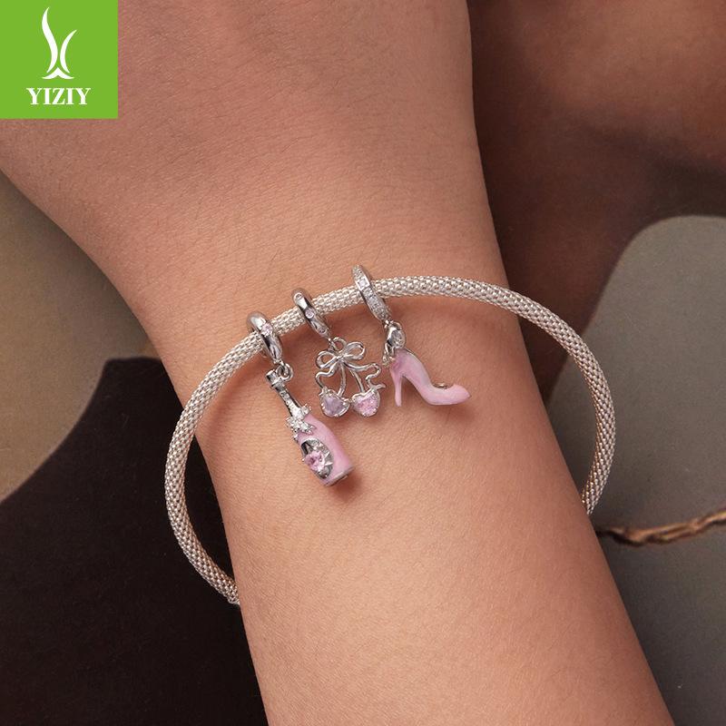 S925 Sterling Silver Pink Cherry Pendant Jewelry Accessories Sweet And Cute Bow Diy Beads