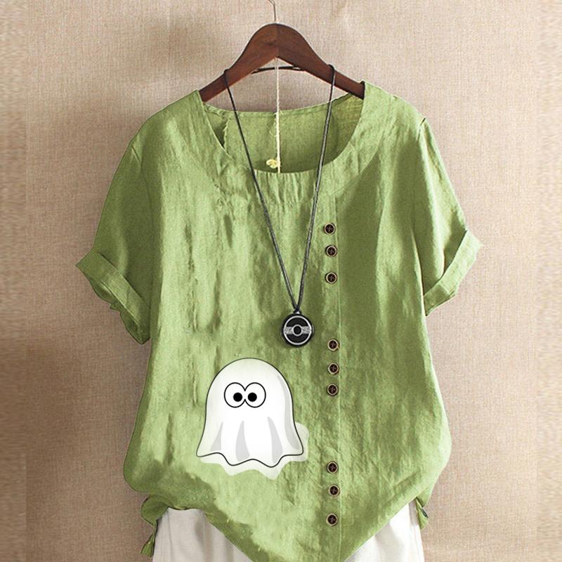 

Женская модная футболка Ghost Printed с круглым вырезом и коротким рукавом, повседневная рубашка из хлопка и льна с рисунком, свободная летняя блузка для отдыха, топы 5XL зелёный