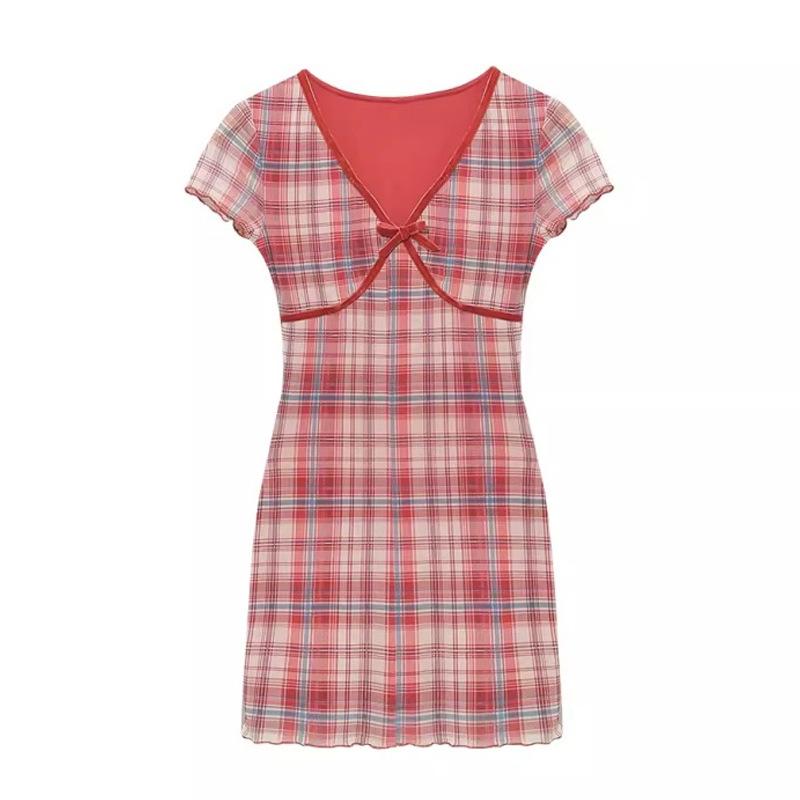 Red plaid mesh dress, female summer spice girl hip-wrapped short skirt, low-cut v-neck short-sleeved skirt