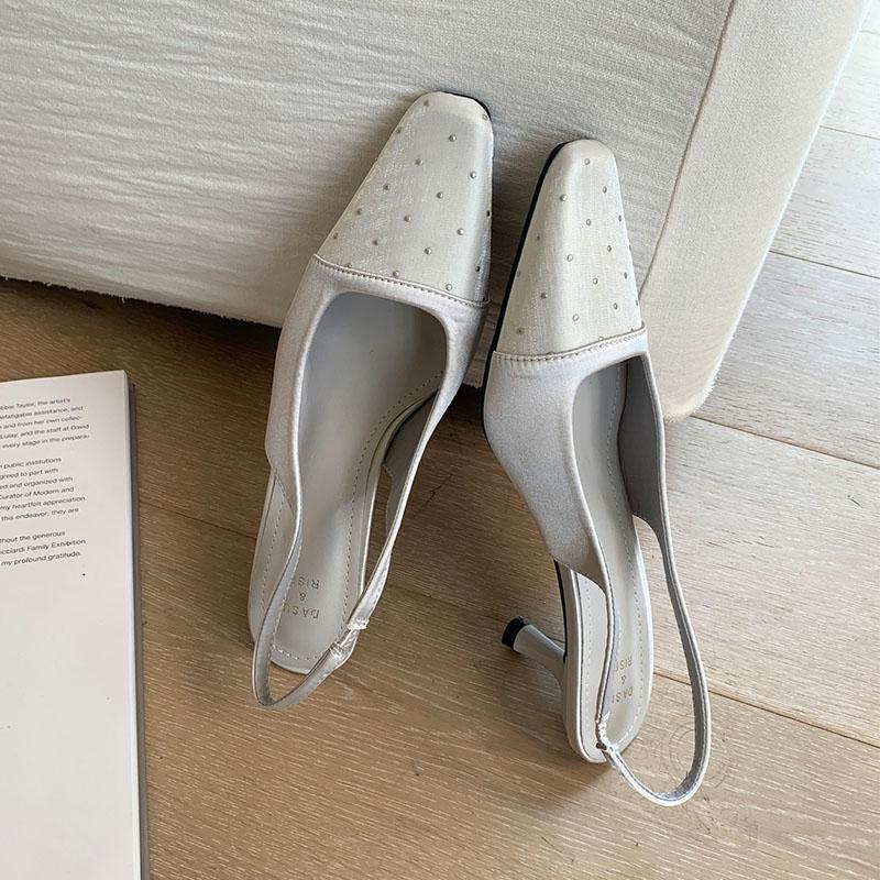 Fashion Fashion Metal Rivet Pumps Women Medium Heels Shoes Female Slingbacks Square Toe Footwear Shallow Ladies Heels Sandals Shoes