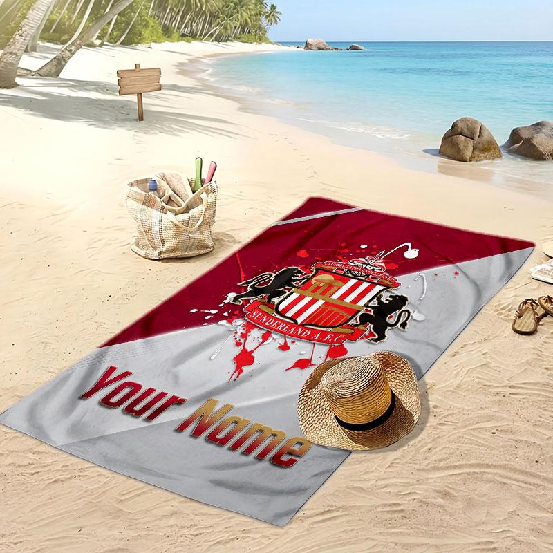 Asciugamano da Spiaggia Personalizzato Stampato Sunderland FC Logo Calcio Supporto Nome Personalizzato Testo Asciugamano Assorbente Per Sport Viaggio Regalo Speciale